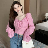 Women Puff Sleeve Square Collar Blouses Fashion Elegant French Romantic Floral New White Chiffon