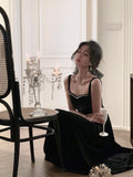 Wedding Party Black Velvet Midi Dresses for Women 2023 Autumn Square Neck Long Sleeves Evening Prom Mini Female
