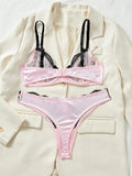 Pink Satin Black Lace Patchwork Lingerie Set- Outfit
