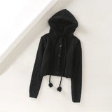 Women Teddy Hairy Drawstring Hooded Sweater Retro Vintage Single-breasted Hooded Knitted Cardigan Tops