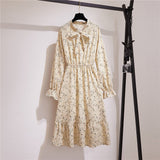 Women Casual Summer Dress Lady Korean Style Vintage Floral Printed Chiffon Shirt Dress Long Sleeve Bow Midi Summer Dress