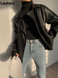 Black Faux Leather Biker Jacket Long Sleeve Zipper Belt Loose Luxury Korean Fashion 2023 Autumn Clothes Women