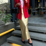 Zingj Style 2024 New Temperament Splicing Design Sense Metallic Color PU Leather Skirt Package Hip Half Skirt Women-Outfit