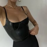 Sexy PU Leather Skinny Bodysuit Women Solid Sleeveless Spaghetti Strap Women Jumpsuits Sexy Night Party Club
