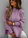 Winter Women Knitted Sweater Mock Neck Casual Loose Basic Pullovers Warm Elegant Solid Batwing Sleeve Side Split