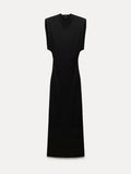 Black Split Sleeveless Shoulder Pads Bodycon Dress Women Zipper Sleeveless Slim Midi Dresses 2024 Elegant Female Party