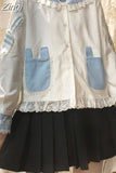 Sailor Collar Lolita Style Kawaii Sweet Pink Long Sleeve Shirts Lace Patchwork Ruffles Camisa Women Japanese Rabbit Ear