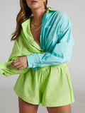 Tracksuit 2022 Shirt Shorts Two Piece Set Green Long Sleeve Top And Mini Shorts Suit Female Summer Lady Fashion