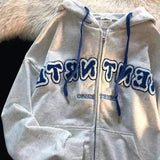 new American retro letter embroidery zipper hoodie women's Y2K street casual loose sweatshirts trend wild long-sleeved