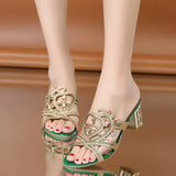 Zingj High Heel Cool Drag Female 2023 Summer New Pearl Fish Mouth Large Size Sandals Thick Heel Fashion Women's Shoes Slippers- Outfit