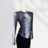 Zingj Waist Pleated Mesh Long Sleeve T Shirt Women's Thin Perspective Dizzy Dye Sunscreen Smock Hot Hot Hot Girl Top