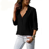 Elegant Long Sleeve Oversized Solid V-Neck Chiffon Blouse Summer Women Tops Female Office Shirts Casual