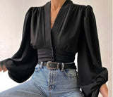 Elegant Leisure Button V-neck Lantern Sleeve Top