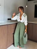 Coconut Tree Printed White Shirt Women Fashion Loose Lapel V Neck Long Sleeve Blouse 2024 New Office Lady Commuting