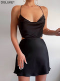 Strap Backless Satin Dress Sexy Cut Out Mini Summer Dresses For Women 2022 Elegant Cowl Neck Party Dress Green