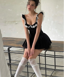 Black Lace Strap Pleated Mini Dress-Outfit