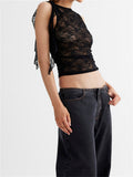 Lace Floral See Through Tank Tops for Women Mesh Sheer Sleeveless Tassels Sexy Black Slim Mini Vests Streetwear
