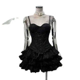 Age-Retro-Erecent Sweet Summer 2025 Fashion Lace Court Wind Fish Bone Chest + Folded Cake Half-Skirt Women