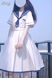 Japanese Sailor Collar Y2k Dress Mid Length A-Line Slim Waist Pleated Dresses Preppy Style Sweet Women Summer