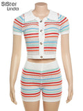 Striped Knitted Tracksuit 2Piece Set Women Shorts Sleeve Botton Cardigan Tops+Shorts Lady Matching Streetwear