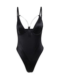 Satin Women Bodysuit Chain Hollow Out V Neck Sleeveless Casual Sexy Bodycon Backless Streetwear Fitness Black