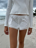 Women Summer Loose Casual Shorts Solid Color Elastic Waist Lace Trim Lounge Short Pants Party Beach Streetwear
