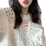 Zingj And Autumn 2024 New Long-Sleeved Jacket Loose Wearing Knit Female Lazy Wind Roll Edge Hollow Hole Sweater-Outfit