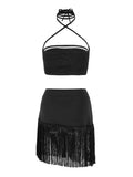 Sexy Tassel Women Two Piece Halter Shirring Bra Tassel Mini Skirt Suit Beach Vacation Casual Female Bathing Suit