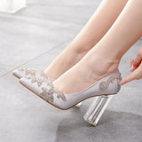 Cm Crystal Transparent Square Tip Single Shoe Bridal Shoes Silk Satin Cloth Diamond Skirt Shoes Wedding
