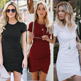 2020 Summer New Fashion Sexy O Neck Women's Mini Dress Casual Bodycon Solid Short Sleeve Irregular Ladies Dresses