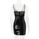 Lace Patchwork Pu Leather Slip Mini Dress-Outfit