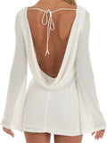 Women Sparkle Sequined Backless Ruched Dress Long Flare Sleeve Back Tie-up Short Mini Dress Female Vestidos