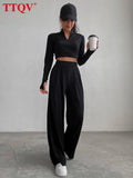 Casual Slim Black Womens Two Peice Sets Autumn Fashion Long Sleeve Corp Tops With High Waisted Wied Leg Pants Sets