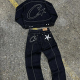 Zingj Devil Island Denim Suit High Street Western Denim Jacket Baggy Jeans Trend Card 211-1-Outfit