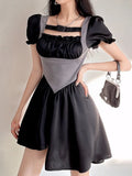 Bandage y2k Pleated Dress Retro Corset Patched A-Line Sundress Women Zipper Short Sleeve Korean Elegant Dress