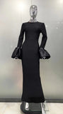 Fashionable Horn Sleeves Water Drilling Black Dress Fashion Elegant Dinner Tweed