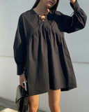 V-neck Long-sleeve Lace-up Loose Dress Women Summer Casual Folds A-line Dresses Female French Holiday Vestido 2022