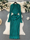 Solid Pleated Long Dress O Neck Full Flare Sleeves HIgh Elastic Female Skinny Fashion Autumn Retro Bodycon Party