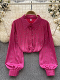 Autumn Senior Vintage Shirt 2023 Fashion Lantern Sleeve Loose Beading Design Top Women Lapel Streetwear Diamons