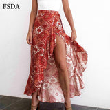 Long Floral Print Bandage Skirt Yellow Lady Summer Maxi Split Beach Spring Casual Elegant Ruffle Women Sexy Boho Red