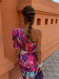 Colorful Tie-dye Print Diagonal Collar Long Dress Women Chic Backless Puff Sleeves Slim Robes Summer Lady Party
