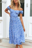 Women Summer Dress Slash Neck Blue Floral Print Boho Beach Midi Dress Sexy Back Bandage A-Line Holiday