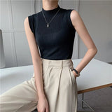 Sleeveless Knit Top Women Turtleneck Summer Korean Fashion Bodycon Corset Tank Top White Beige Khaki Fashion Top