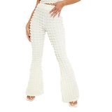 Popcorn Cloth Two Piece Set Women Sexy Cross Halter Backless Vest Crop Top Slim High Waist Flare Pants Fashion