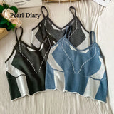 Diary Summer Contrast Color Short Vest Fashion V-Neck All-Match Top Women Sexy Unique Knitting Sling