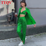 Casual Green Satin Three Piece Sets Womens Outifits Autumn Long Sleeve Shirts Camis Bra And High Waist Trousers Female