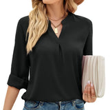 Zingj Women's Autumn And Winter New Solid Color Chiffon Shirt Loose V Collar Long-Sleeved Shirt-Outfit