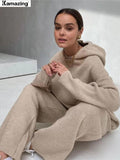 Women Fashion Knitted Trousers Two Piece Set Casual Hooded Long Sleeve Sweatshirt & Pants Set 2022 Winter Female