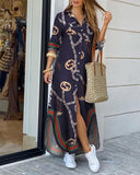 Autumn Elegant Button Sexy V Neck Women's Midi Shirt Dress Summer Chain Print Party Maxi Beach Ladies Long Dress