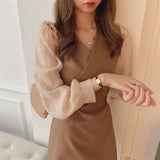 Zingj Long-Sleeved Chiffon Dress Waist Show Thin Bottom Skirt Female New Fake Two Foreign Style Small Short Skirt-Outfit